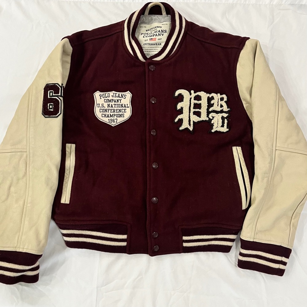 Y2K Ralph Lauren Polo Jeans Company Varsity Jacket Leather Sleeves‎ Mens Small